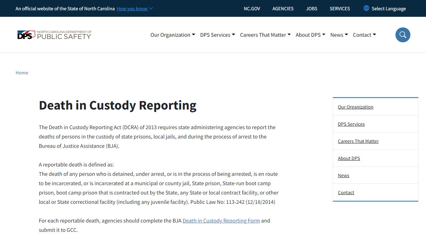 Death in Custody Reporting | NC DPS